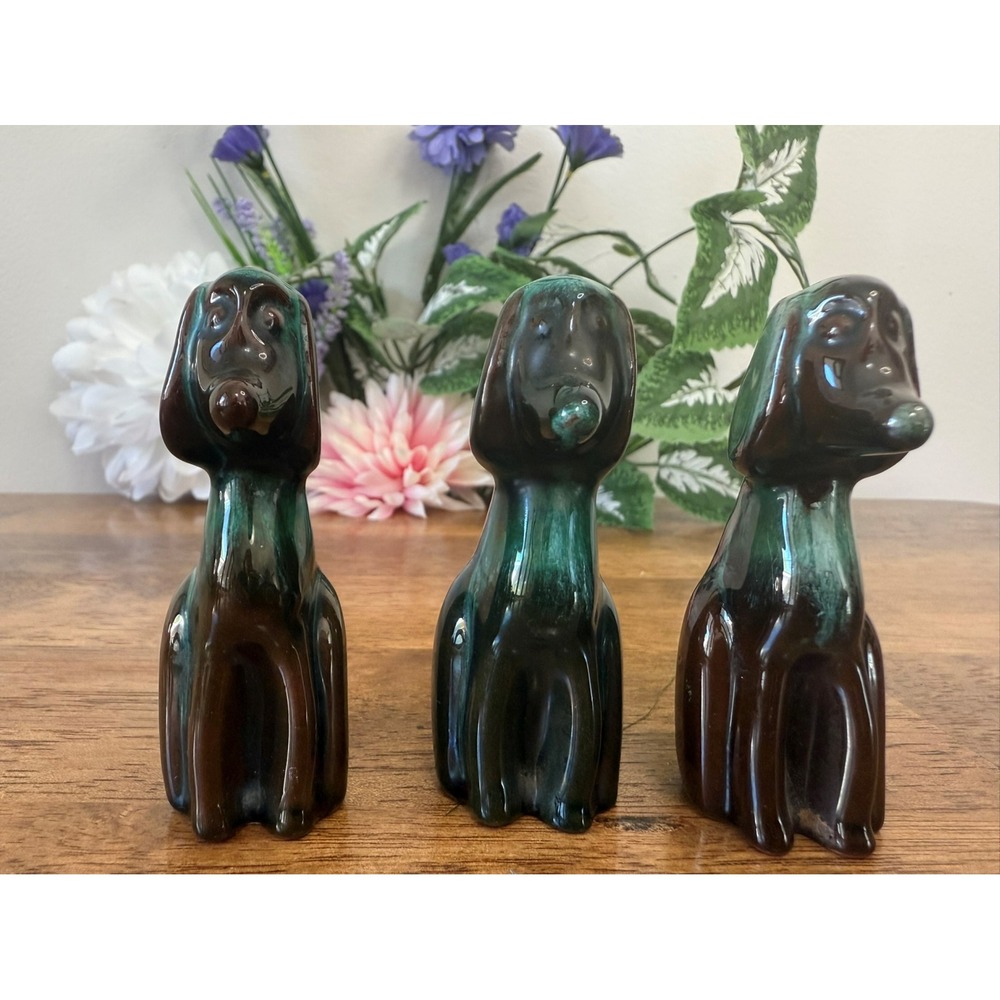 Blue Mountain Pottery Dog Trio Vintage Canadian Ceramic Figurines BMP Puppy‎